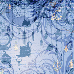 Vintage grungy card with tea cups and clocks