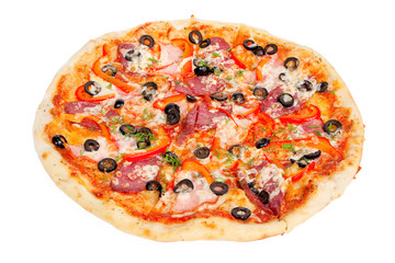 tasty pizza with olives, pepperoni, ham and pepper