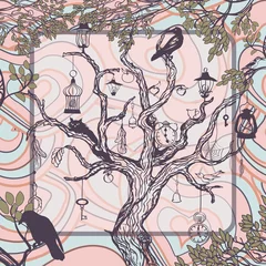 Photo sur Plexiglas Oiseaux en cages Fond de cru avec le vieil arbre et les clés antiques