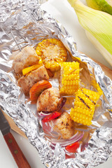 Shish kebab and grilled corn
