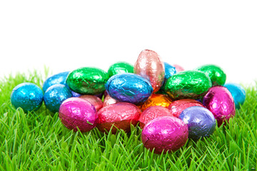 colorful chocolate easter eggs on grass