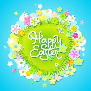 Easter card with calligraphic inscription and flowers. Vector