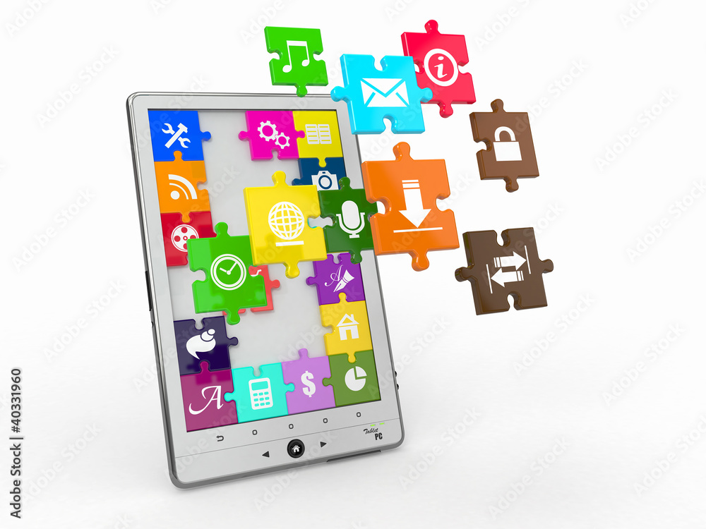 Poster tablet pc software. screen from puzzle with icons.