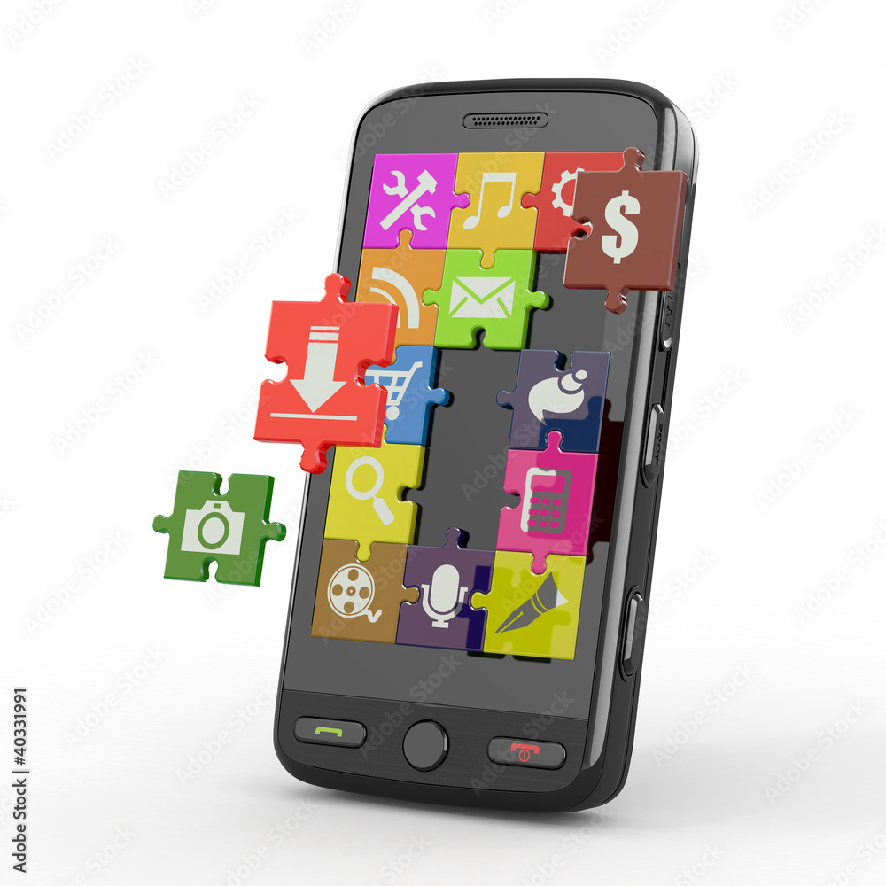 Poster mobile phone software. screen from puzzle with icons.