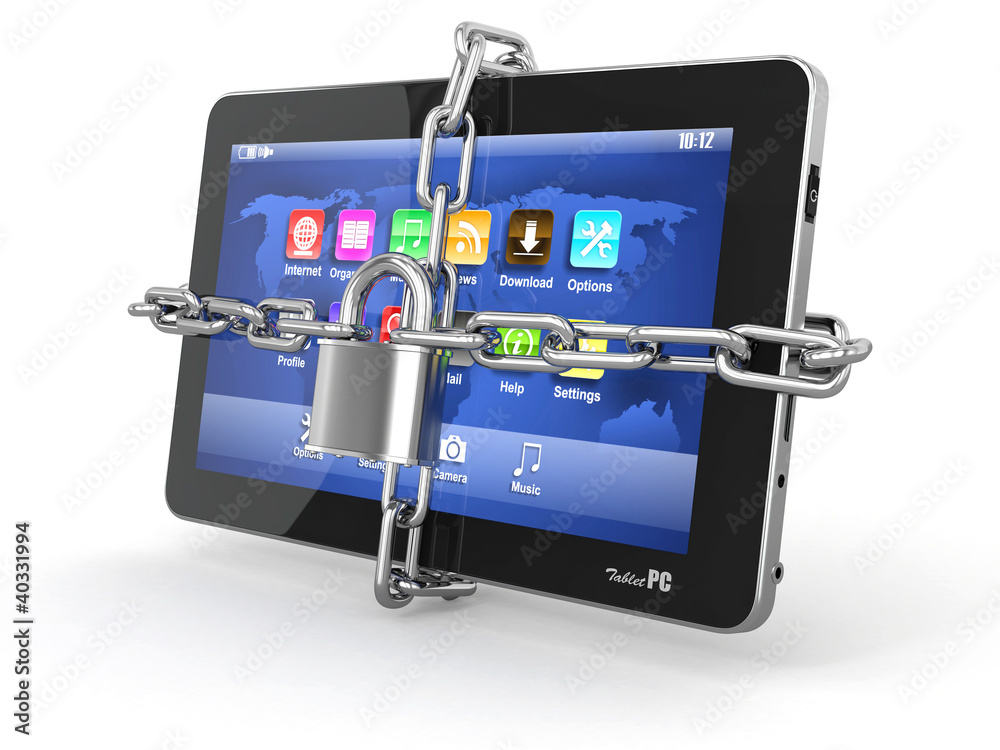 Poster tablet pc security. chain with lock on computer.