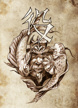 Tattoo art, sketch of a japanese warrior in vintage style