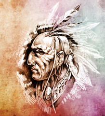 Sketch of tattoo art, American Indian Chief illustration over co