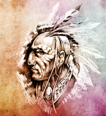 Cercles muraux Indiens Croquis de l& 39 art du tatouage, illustration du chef indien américain sur co