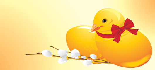 Easter chick and willow branch. Festive banner
