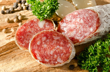 Closeup of a sliced dried salami