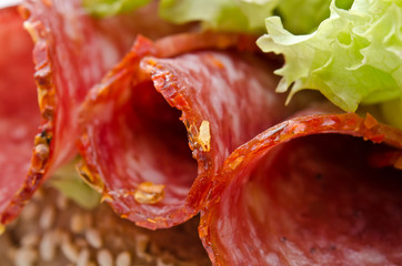 Closeup of a red pepper salami  sandwich and lettuce
