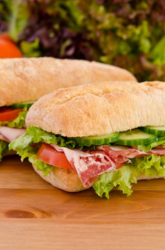 Closeup of salami sandwich