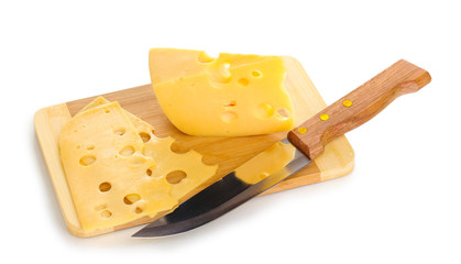 Cheese on cutting board with knife isolated on white