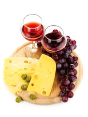 Wine in wineglasses and cheese isolated on white