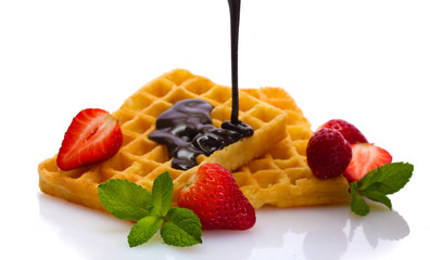 belgium waffles with strawberries and mint  isolated on white