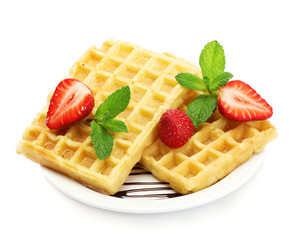 belgium waffles with strawberries and mint
