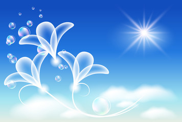 Fototapeta na wymiar Blue sky with transparent flowers
