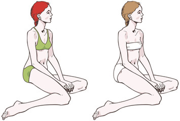 Naked girls in green swimsuit and underclothes, vector