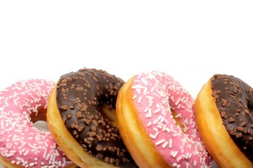 Chocolate and raspberry glaze donuts on white background