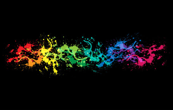 Colourful bright ink splat design with a black background