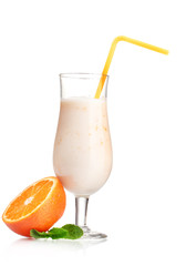 Bunch of bananas and milk cocktail isolated on white