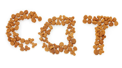 Inscription Cat of dry cat food isolated on white