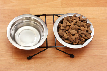 dry dog food and water in metal bowls on the floor