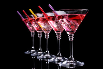 Red cocktail in martini glasses isolated on black