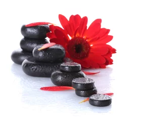 Foto op Plexiglas Rood, wit, zwart Spa stenen met druppels, rode bloem en bloemblaadjes geïsoleerd op wit