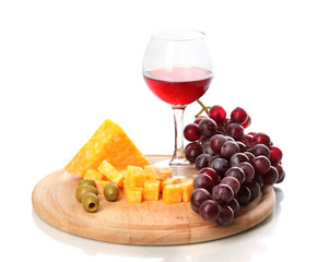Wine in wineglass and cheese isolated on white