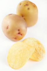 Potato and potato chips on a white background