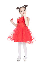 Little girl with strawberry on white background