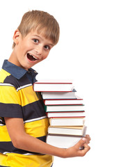 School boy is holding books