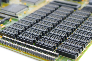 Old mainboard for PC with plug-and-sockets for memory