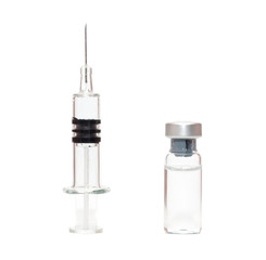 Syringe and vials on white