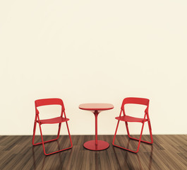 minimal modern interior with fireplace two chairs