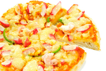 Delicious pizza with seafood isolated on white