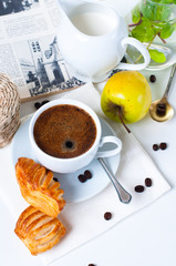 breakfast, coffee, pastries and fruits