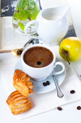 breakfast, coffee, pastries and fruits