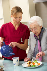 Senior woman with carer eating meal at home