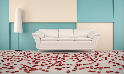 room with white sofa and hearts on the floor with the white floo