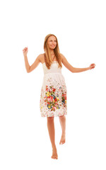 A full-length portrait of a pretty young girl wearing