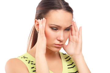 Fototapeta premium A woman having a headache, closeup, isolated on white