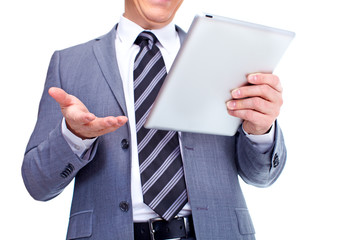 Hands of businessman with tablet computer.