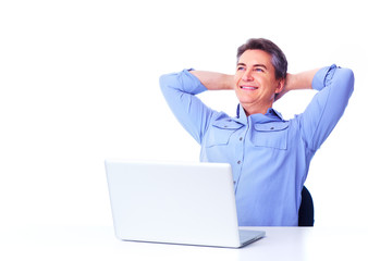 Happy man with laptop computer.