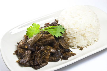 vegatarian fried meat (shitake mushroom's stipe) with sticky ric