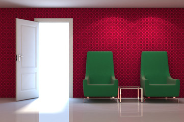 3d interior scene of a green couch on pink classic wall
