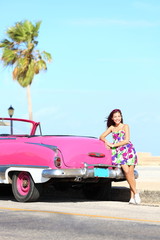 Vintage car and woman happy