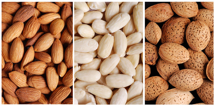 mandorle con guscio, senza guscio e spellate