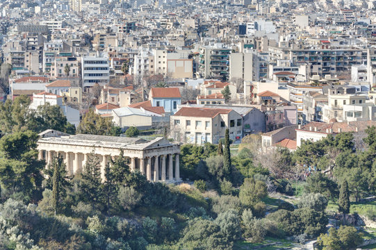 Athens with temple of Hephaistos in foreground, Greece